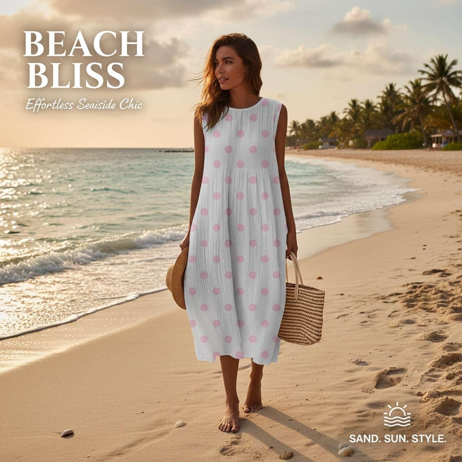 Elena Women's Dress – Floral Linen Midi Dress with Round Neck, Sleeveless, Pockets, Bohemian Summer