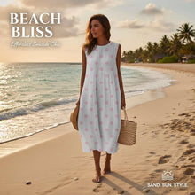 Elena Women's Dress – Floral Linen Midi Dress with Round Neck, Sleeveless, Pockets, Bohemian Summer