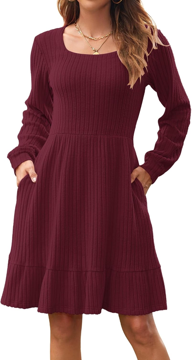 Élise Women's Knit Dress – Square Neck Long Sleeve Dress for Fall Winter