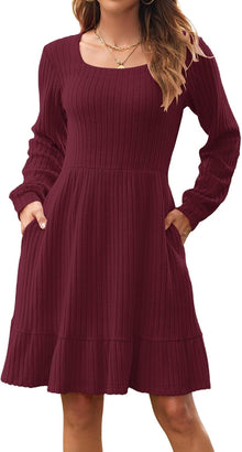 Élise Women's Knit Dress – Square Neck Long Sleeve Dress for Fall Winter