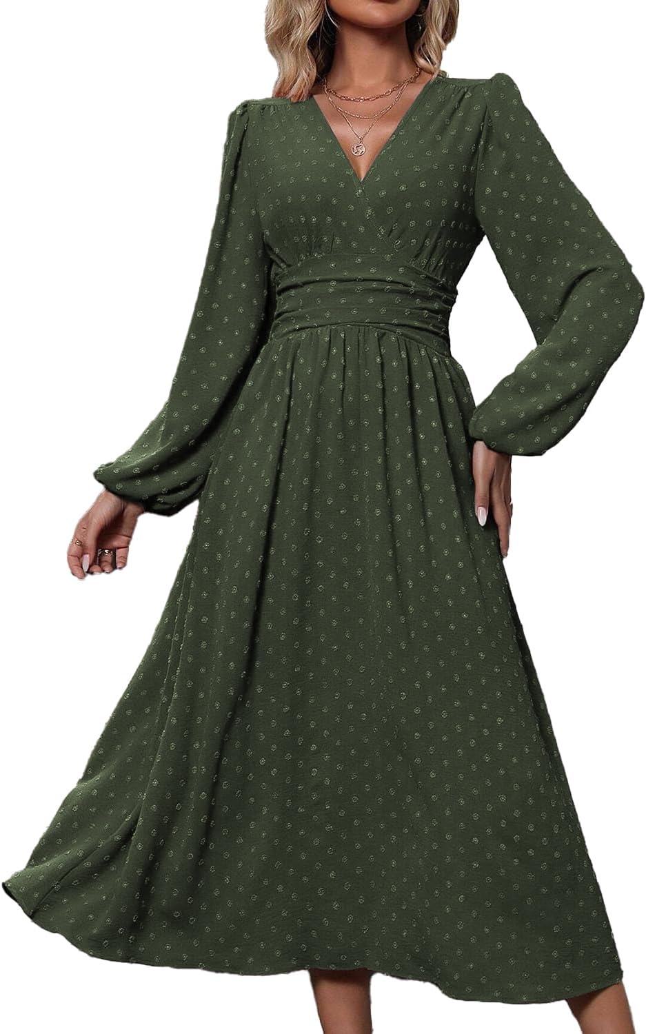 Tierra Women's Polka Dot Dress – A-Line Cut, V-Neck, Elegant High-Waisted Pleated
