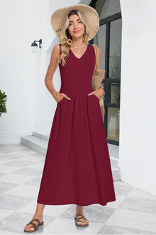 Faye Maxi Dress for Women Summer – Long V-Neck Sleeveless Dress, A-Line Cut & Pockets