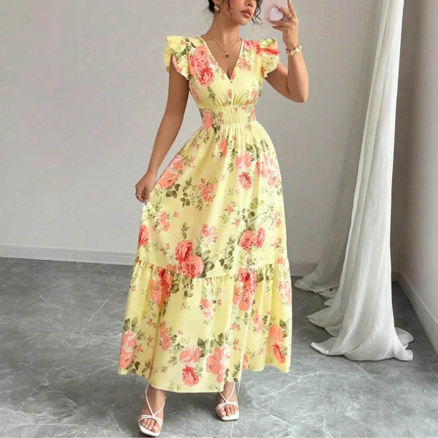 Camille Women's Dress – Floral Maxi Dress with V-Neck, Ruffled Sleeves, Smocked Waist, Summer