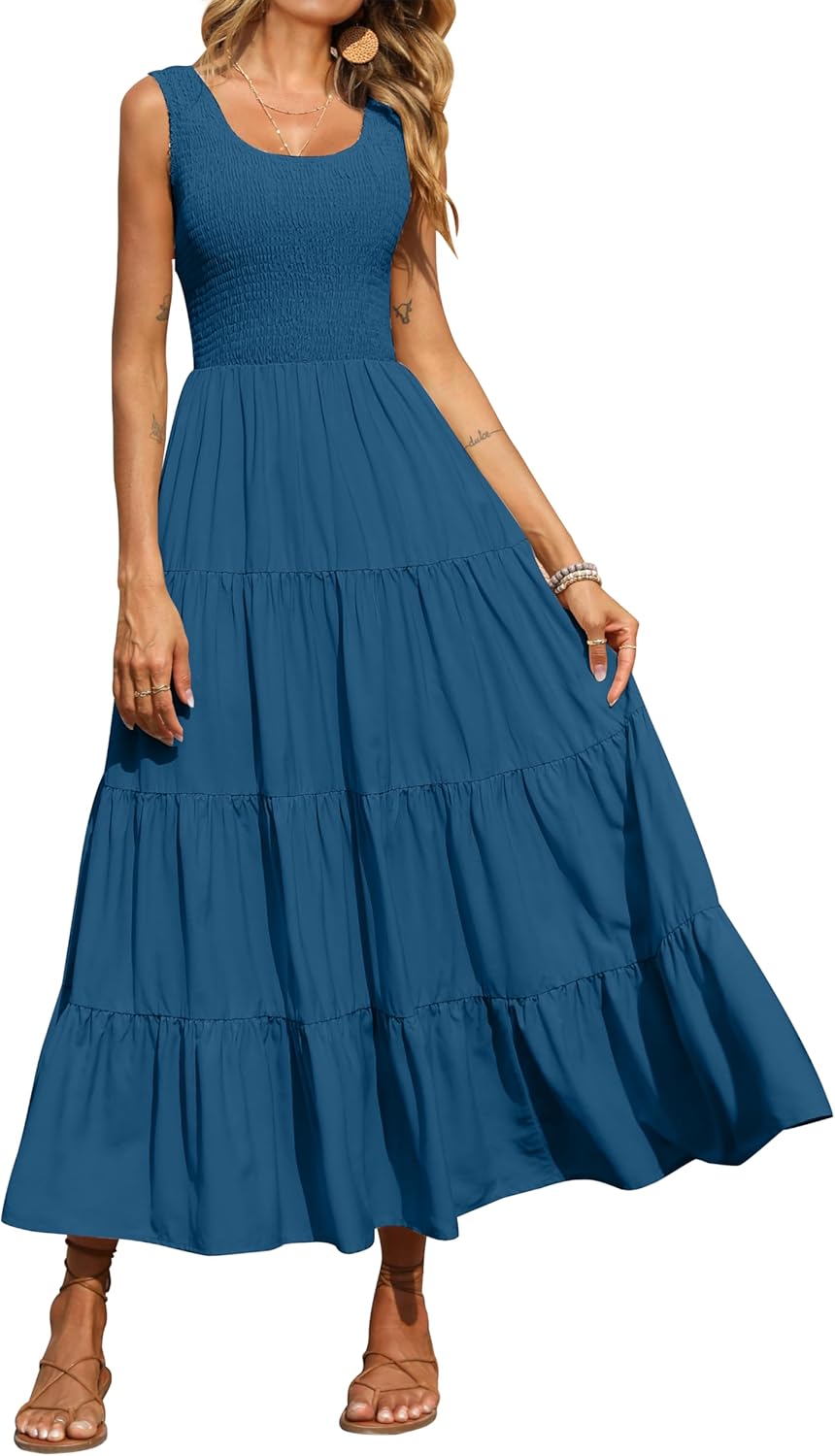 Élina Maxi Dress for Women – Sleeveless Smocked Dress A-Line Cut Summer Bohemian