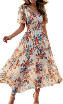 Dianne Women's Floral Dress – V-Neck, Short Sleeves, Flowing Cut, Casual Summer