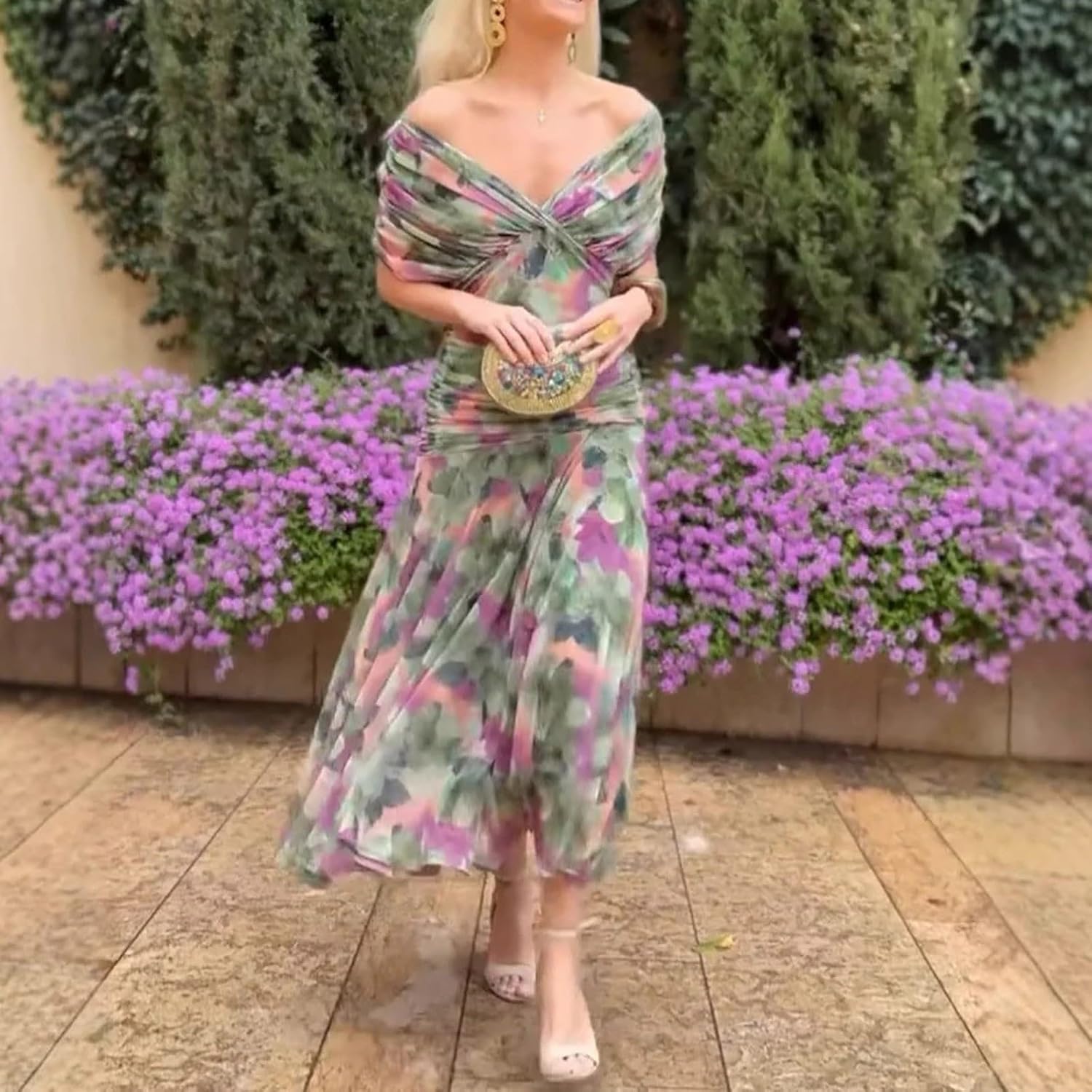 Olivia Women's Dress – Floral Cocktail Dress with Off-Shoulder and Elegant High Waist