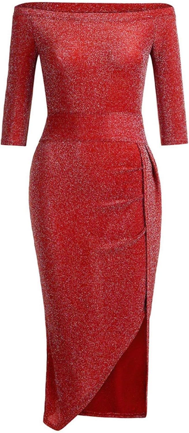 Mia Women's Dress – Shiny Bodycon Mini Dress with Off-Shoulder and Slit for Evening
