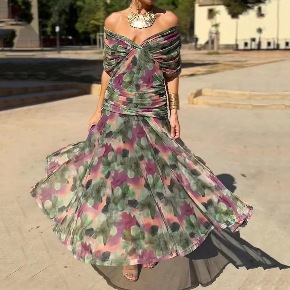 Olivia Women's Dress – Floral Cocktail Dress with Off-Shoulder and Elegant High Waist