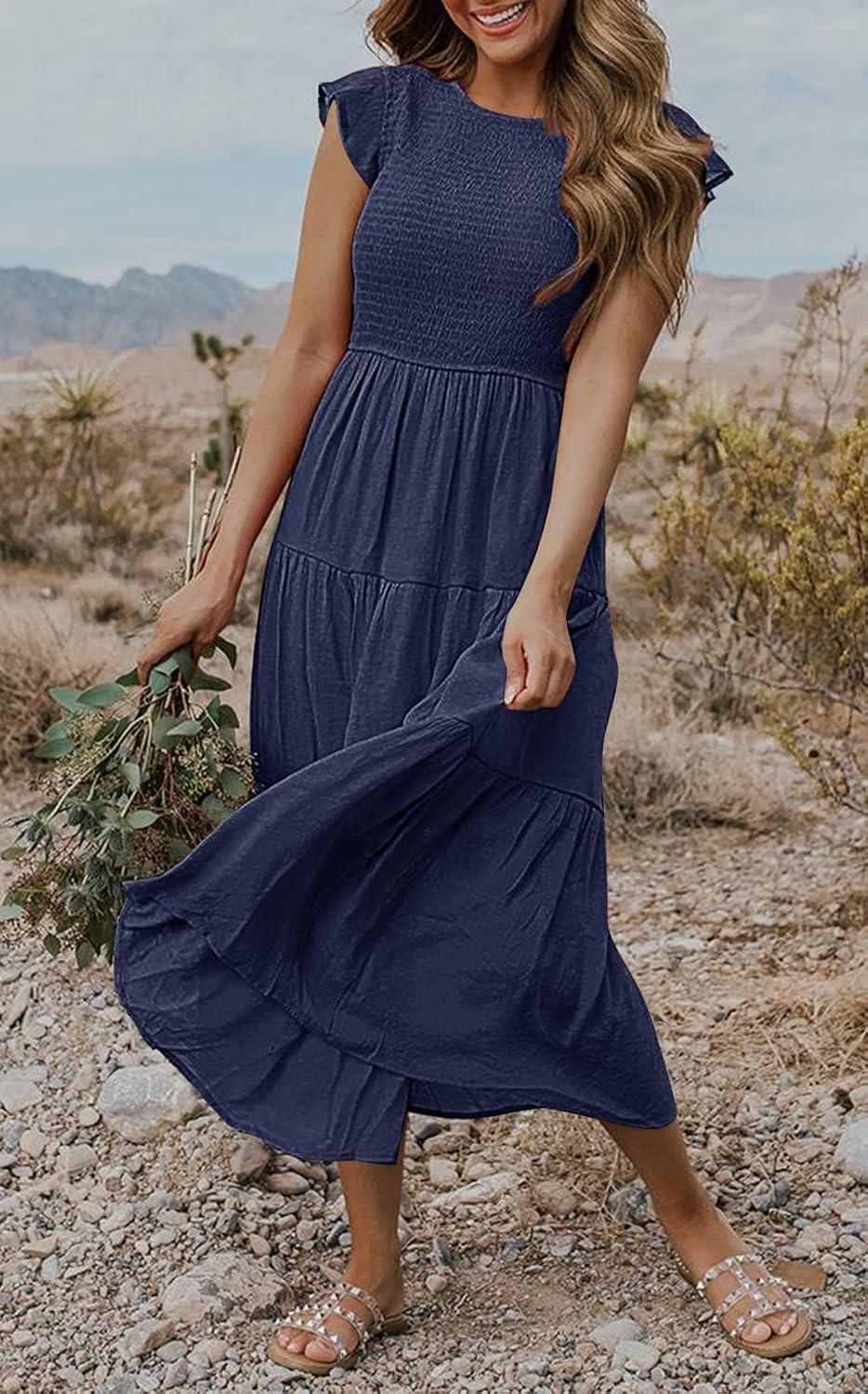 Louise Midi Dress for Women – Summer Smocked Dress with Flounce Sleeves, Elegant A-Line Cut