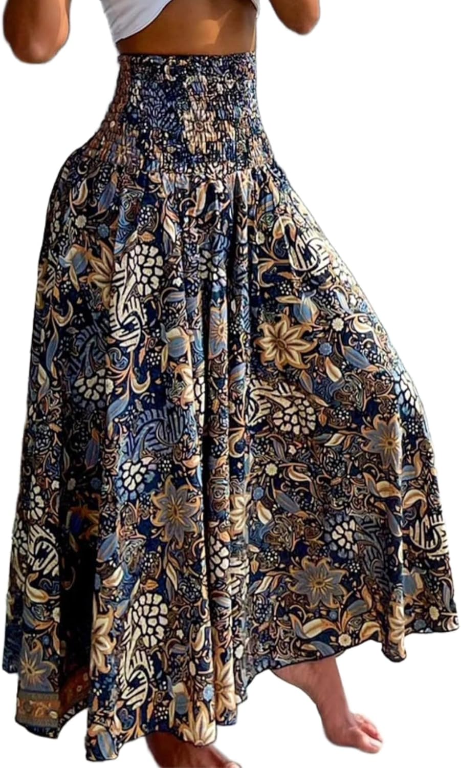 Purple Women's Pants – Floral Palazzo with Smocked Waist, Wide & Pockets Summer