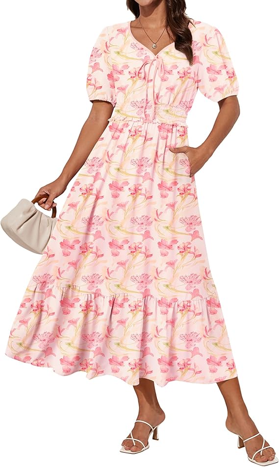 Tasha Midi Dress for Women – V-Neck, Smocked Waist & Elegant A-Line Summer Cut