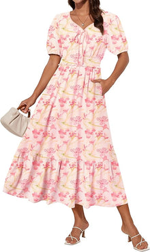 Tasha Midi Dress for Women – V-Neck, Smocked Waist & Elegant A-Line Summer Cut