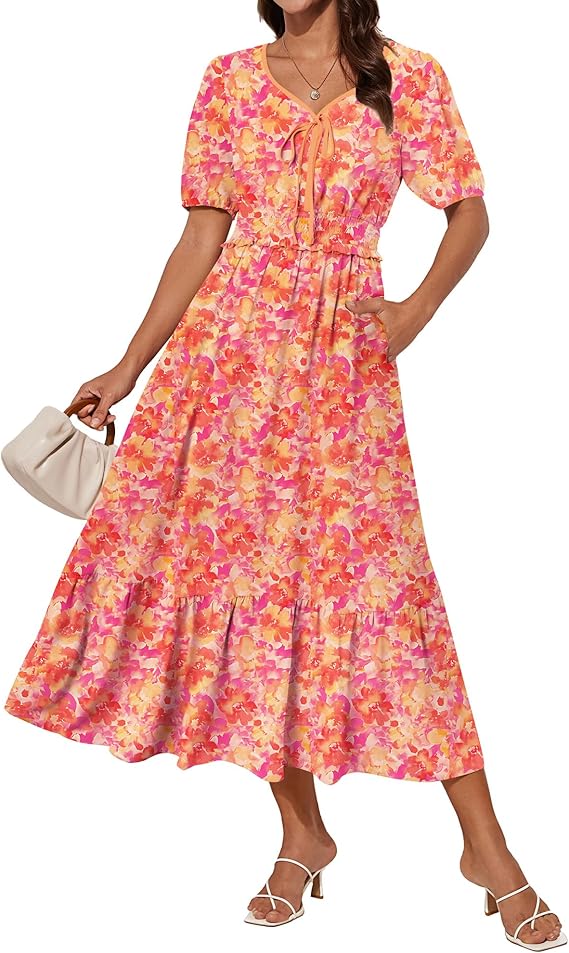 Tasha Midi Dress for Women – V-Neck, Smocked Waist & Elegant A-Line Summer Cut