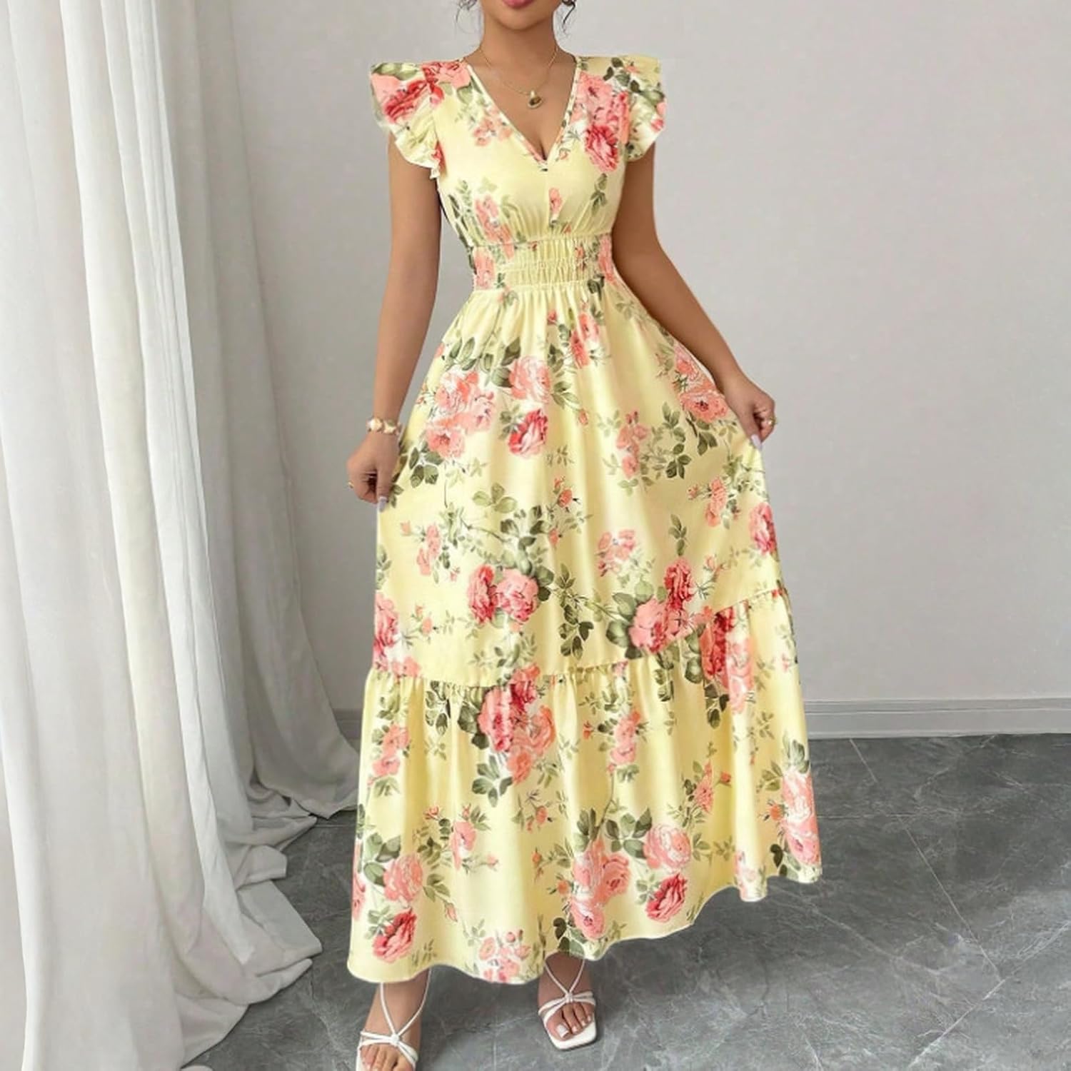 Camille Women's Dress – Floral Maxi Dress with V-Neck, Ruffled Sleeves, Smocked Waist, Summer