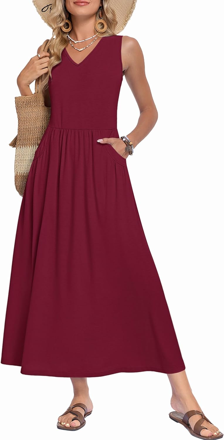 Faye Maxi Dress for Women Summer – Long V-Neck Sleeveless Dress, A-Line Cut & Pockets