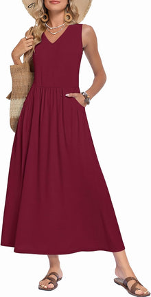 Faye Maxi Dress for Women Summer – Long V-Neck Sleeveless Dress, A-Line Cut & Pockets