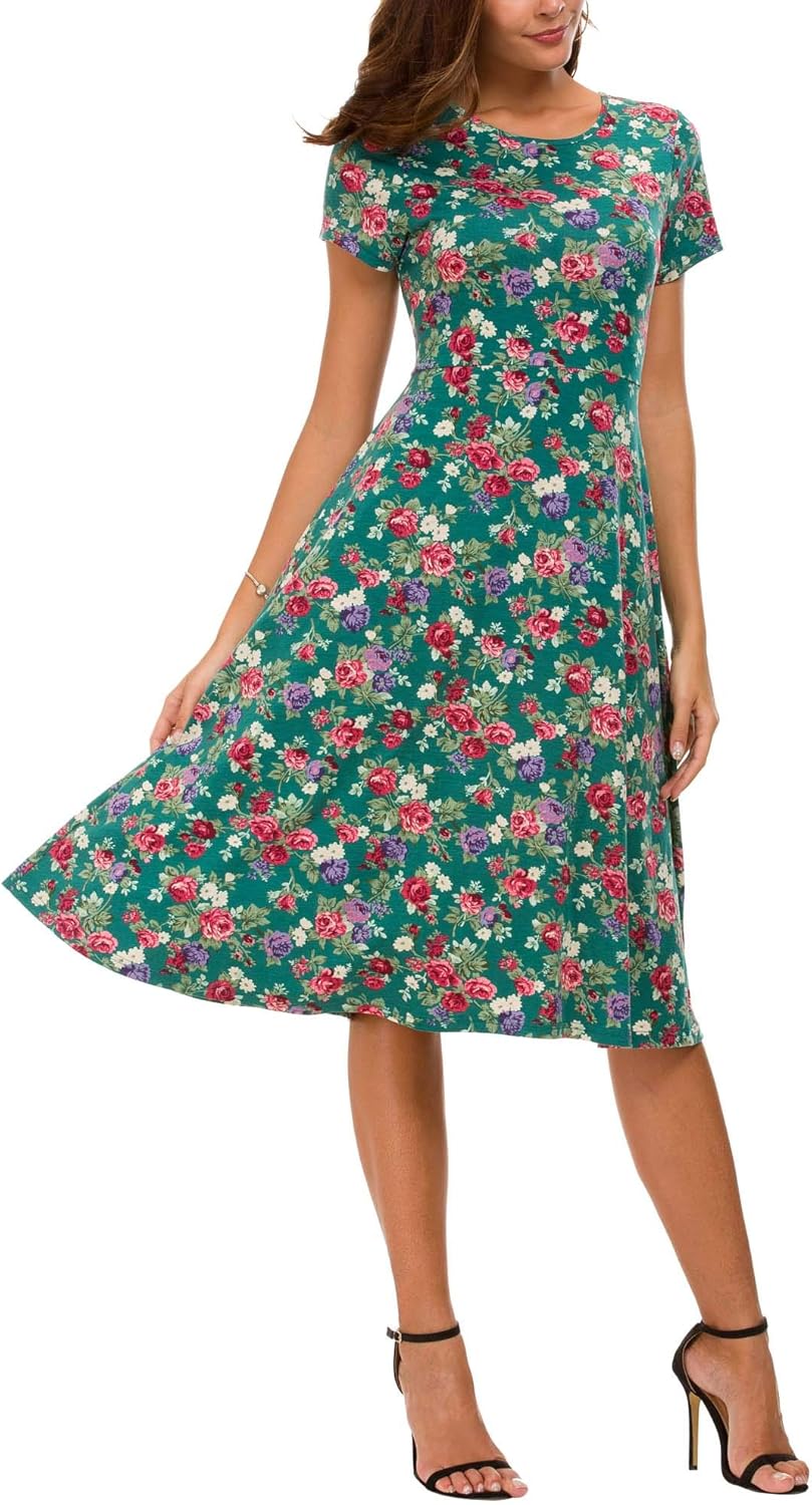 Léonie Women's Floral Midi Dress – Flared Dress with Short Sleeves and Round Neck for Summer