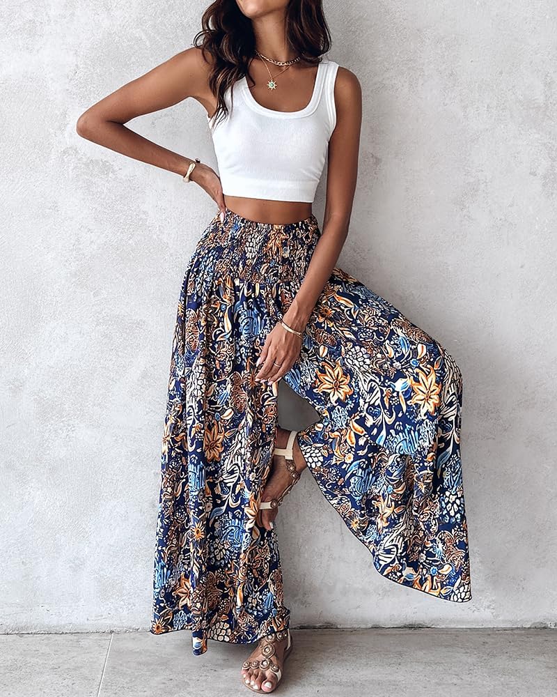Purple Women's Pants – Floral Palazzo with Smocked Waist, Wide & Pockets Summer