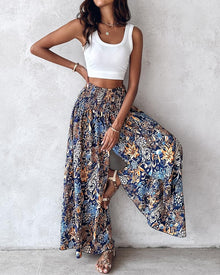 Purple Women's Pants – Floral Palazzo with Smocked Waist, Wide & Pockets Summer