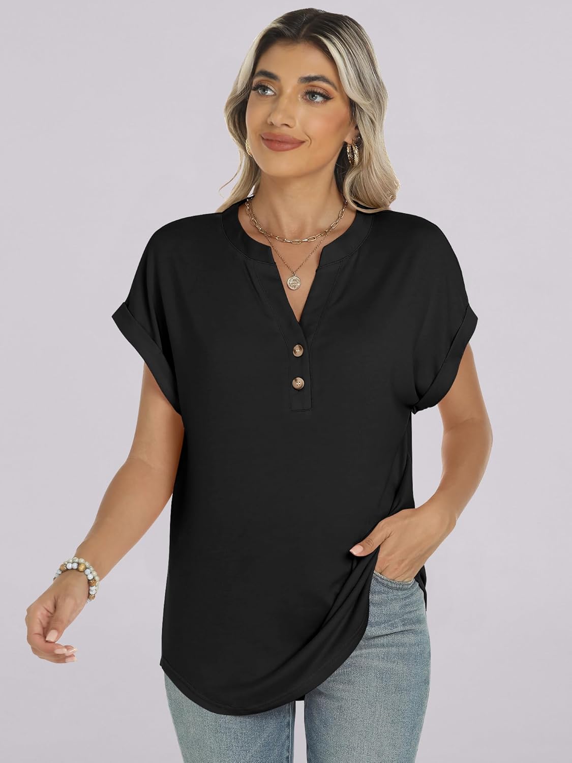 Manon Women's Top – V-Neck Henley Blouse with Buttons, Casual Chic Fluid Fit Summer