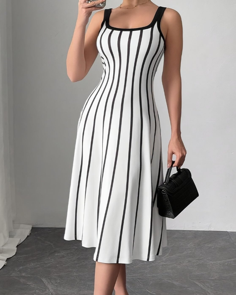 Torianna Midi Dress for Women – Vertical Stripes, Square Neck & Elegant Fitted Cut