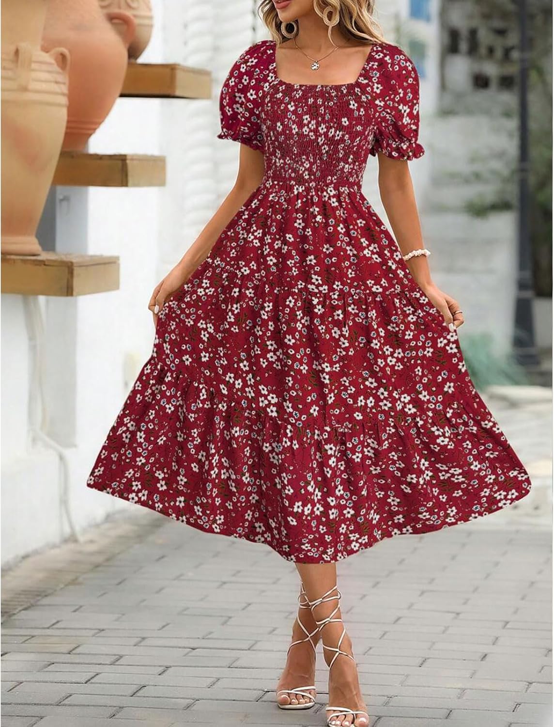 Angeli Women's Floral Dress – Puff Sleeves, Tied Waist, Chic Mini Summer Cut