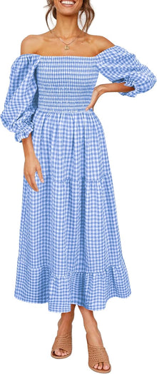 Léonie Bohemian Dress for Women – Off-Shoulder Ruffled Checkered Midi Summer Dress