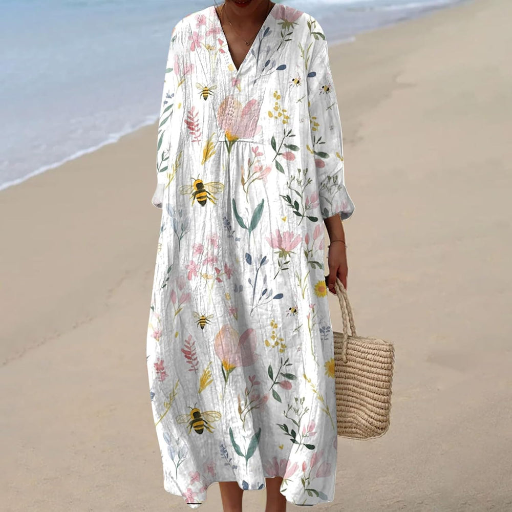 Emily Women's Robe – Midi Dress with V-Neck, Long Sleeves, Fluid A-Line Cut, Summer