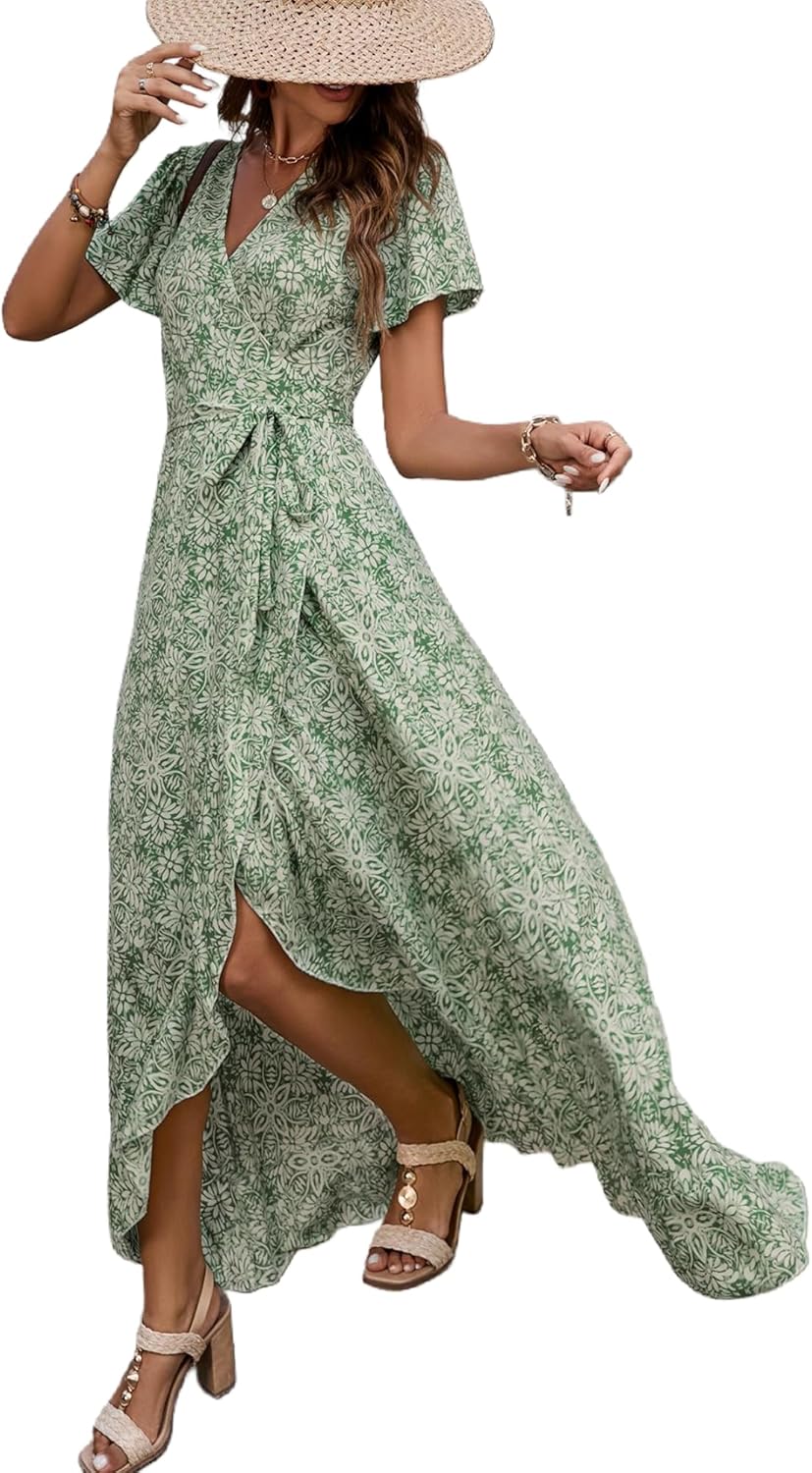 Celine Women's Bohemian Floral Dress – V-Neck Wrap, Flowing Midi, Ruffled Sleeves