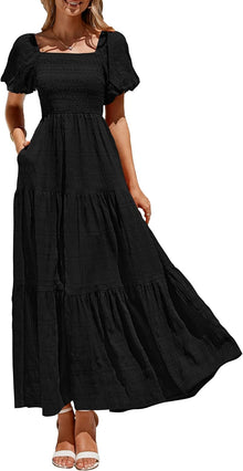 Reese Maxi Dress for Women Summer – Square Neck Smocked Dress, Puff Sleeves & Flowing Ruffles