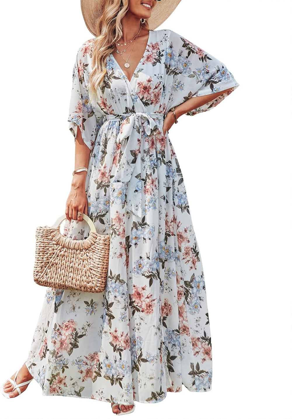 Rodelyn Women's Maxi Dress – V-Neck Wrap, 3/4 Kimono Sleeves & Elegant Bohemian Slit