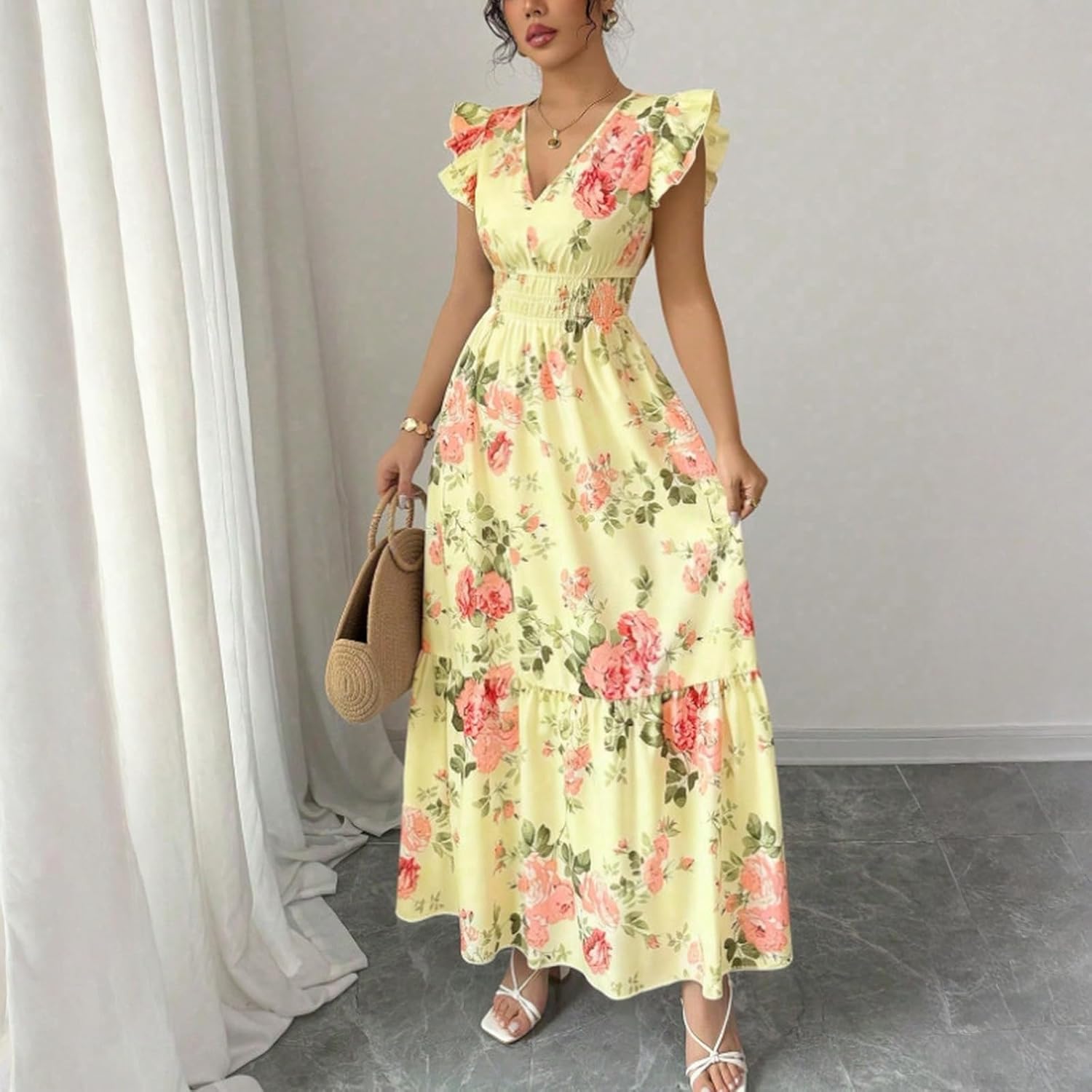 Camille Women's Dress – Floral Maxi Dress with V-Neck, Ruffled Sleeves, Smocked Waist, Summer