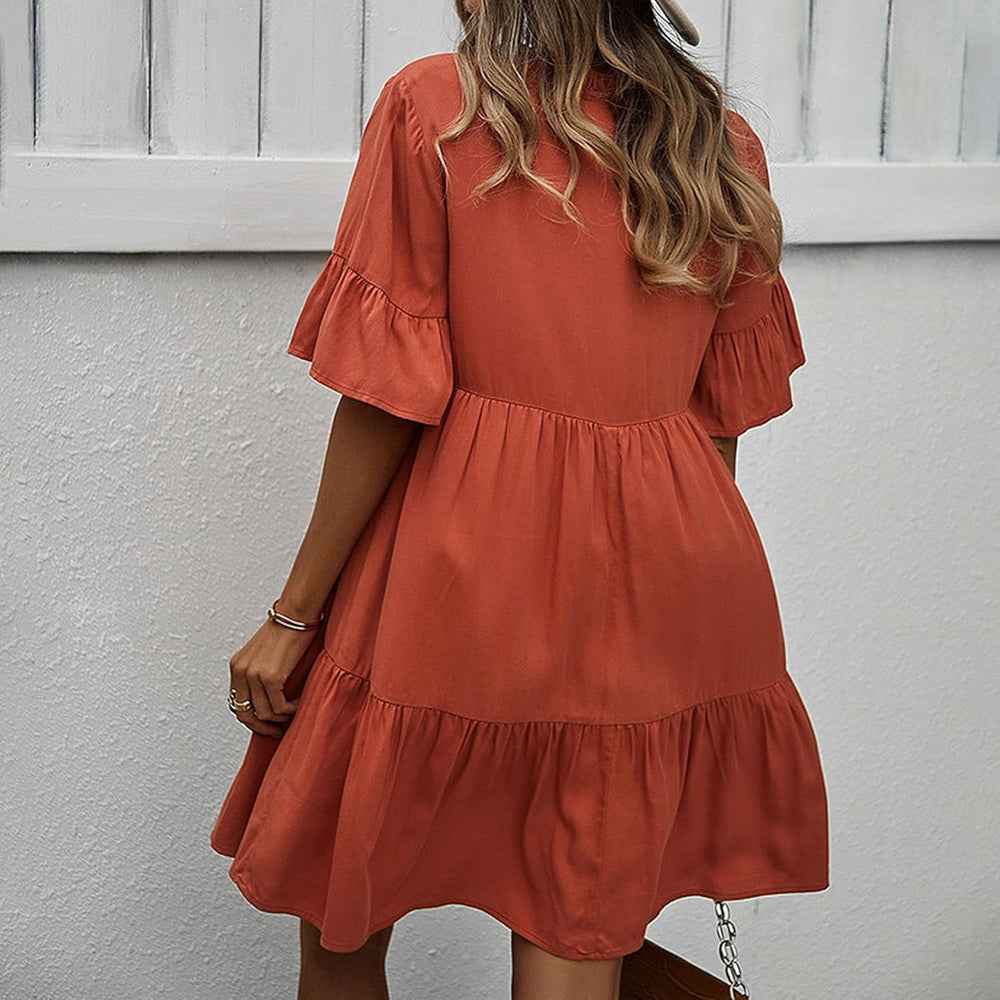 Emma Women's Dress – Elegant Summer A-Line Dress with V-Neck, Ruffles, and Short Sleeves