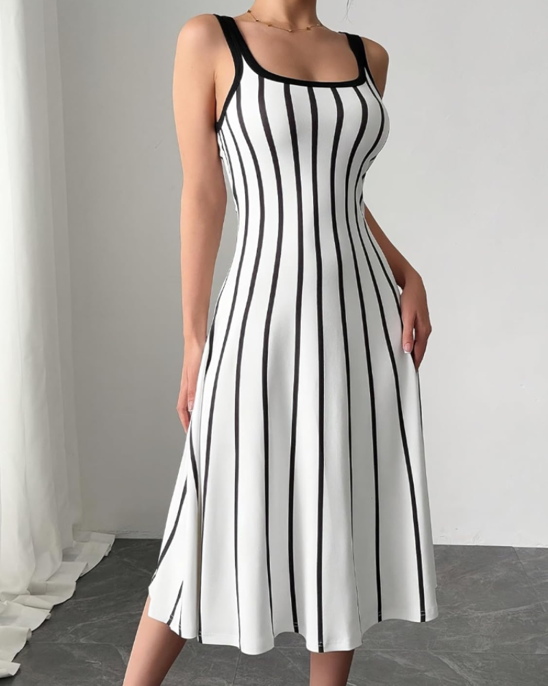 Torianna Midi Dress for Women – Vertical Stripes, Square Neck & Elegant Fitted Cut