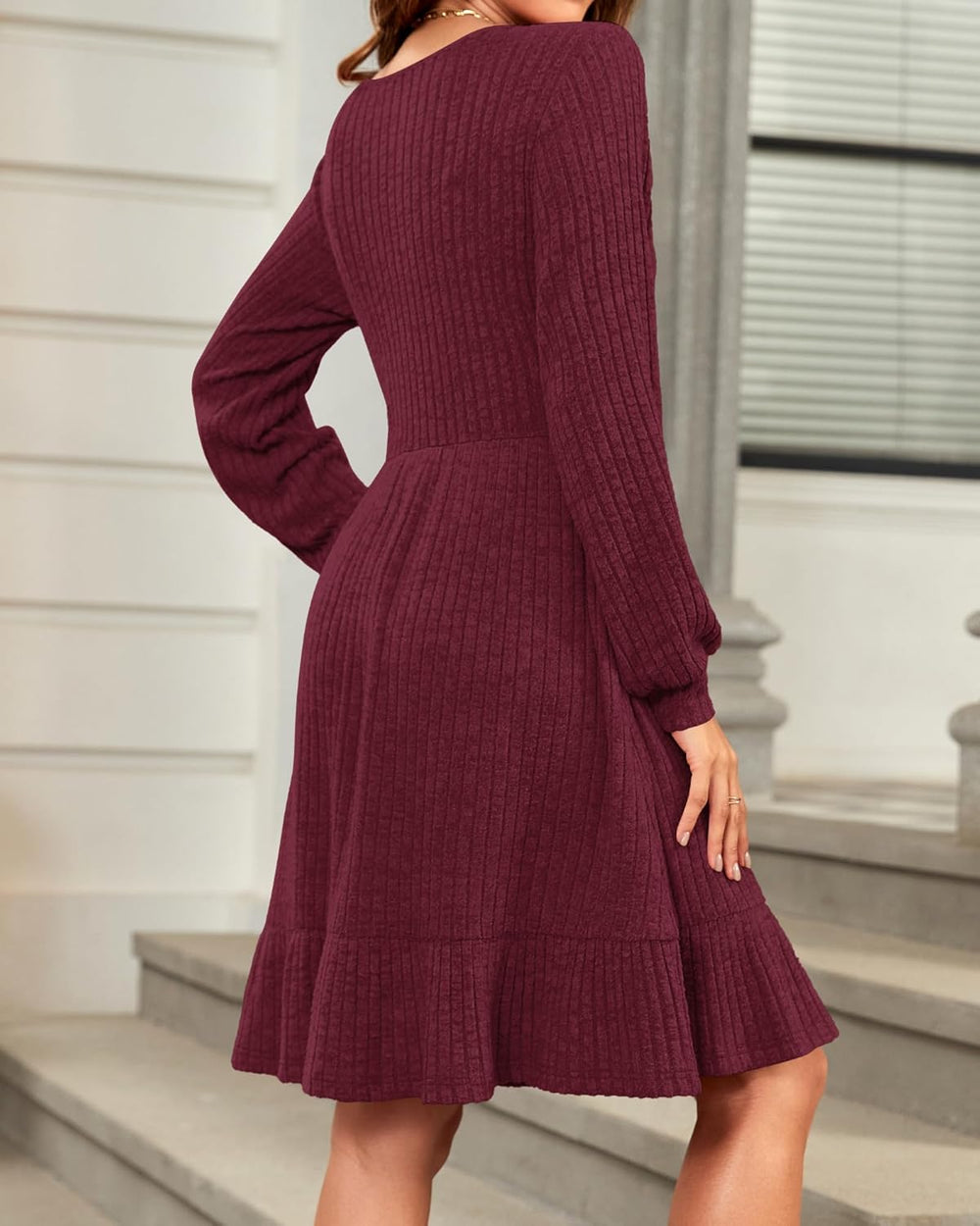 Élise Women's Knit Dress – Square Neck Long Sleeve Dress for Fall Winter