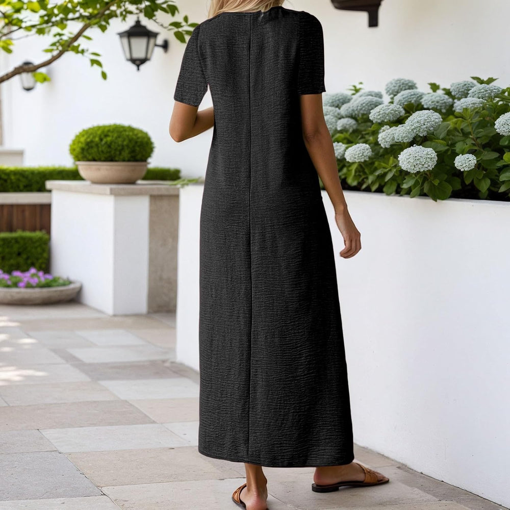 Laura Women's Dress – Long Linen Dress V-Neck Fluid Cut Bohemian Comfortable Summer