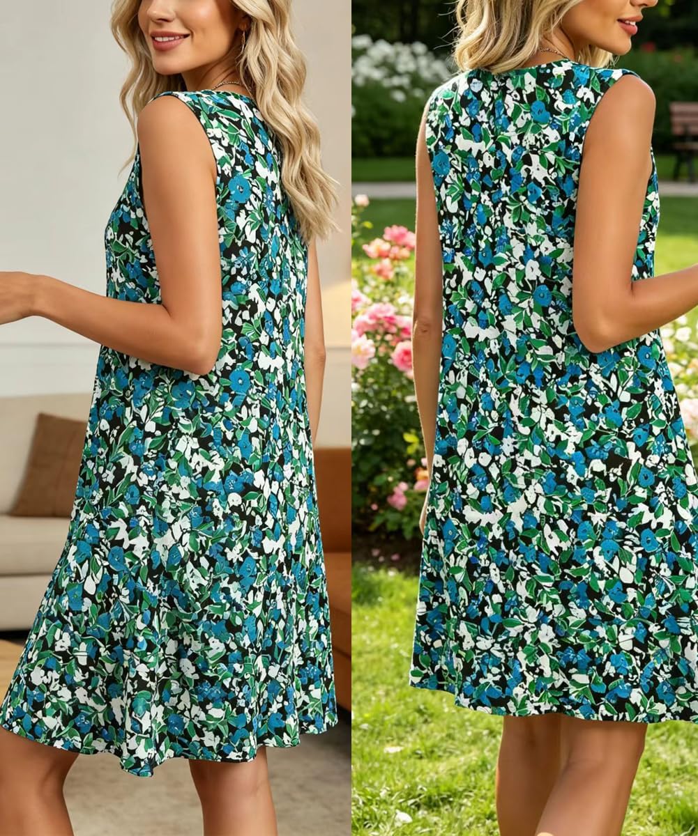 Élise Women's Midi Dress – Sleeveless Floral Dress with Round Neck and Pockets for Summer
