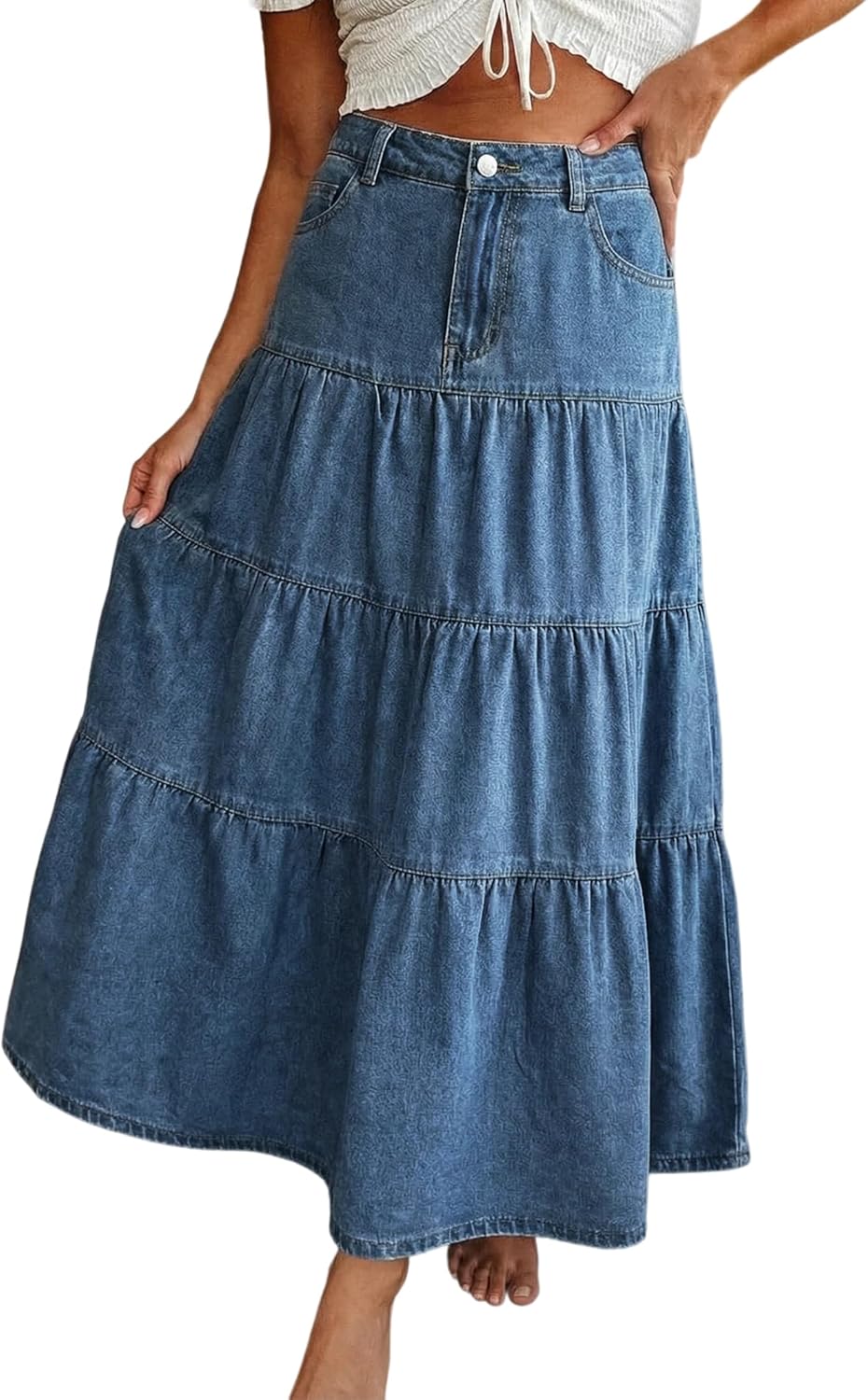 Verna Women's Jean Skirt – High Waist Maxi Denim Skirt, Ruffles & Pockets