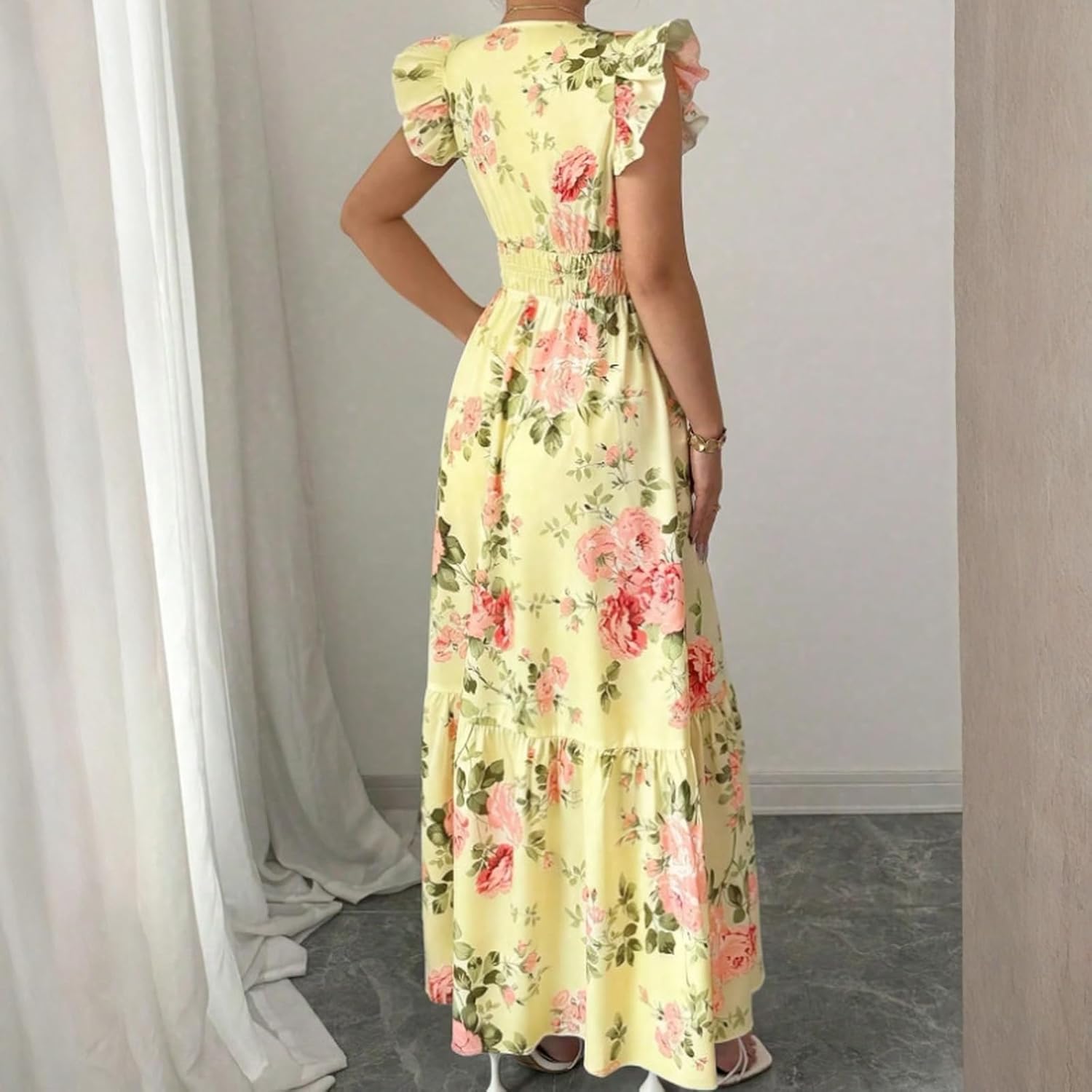 Camille Women's Dress – Floral Maxi Dress with V-Neck, Ruffled Sleeves, Smocked Waist, Summer