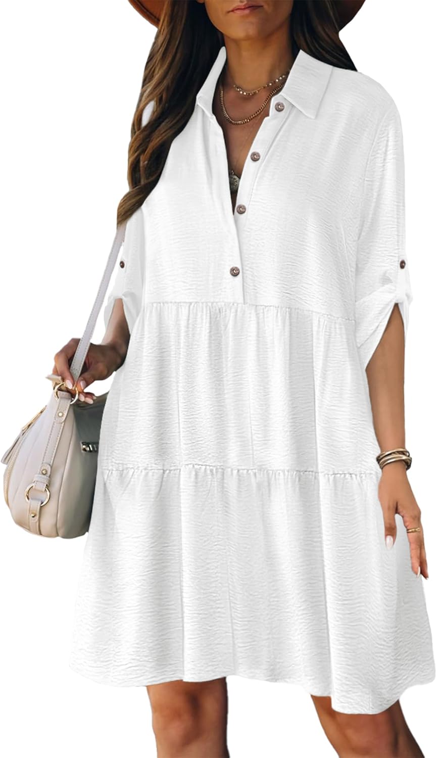Léa Women's Shirt Dress – Summer Button-Down A-Line Dress with Ruffles and 3/4 Sleeves