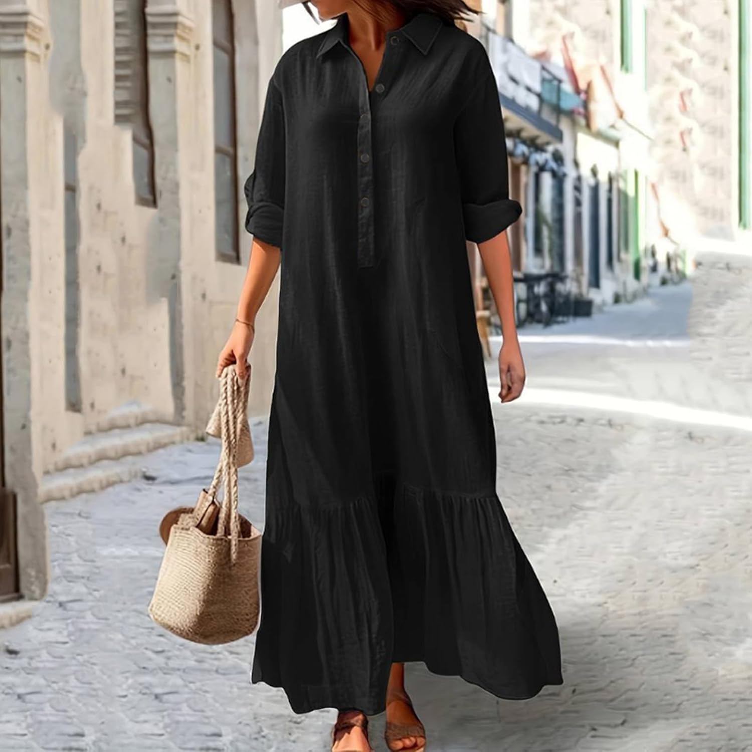 Élina Long Cotton and Linen Dress for Women – Loose Shirt Dress with Asymmetric Hem
