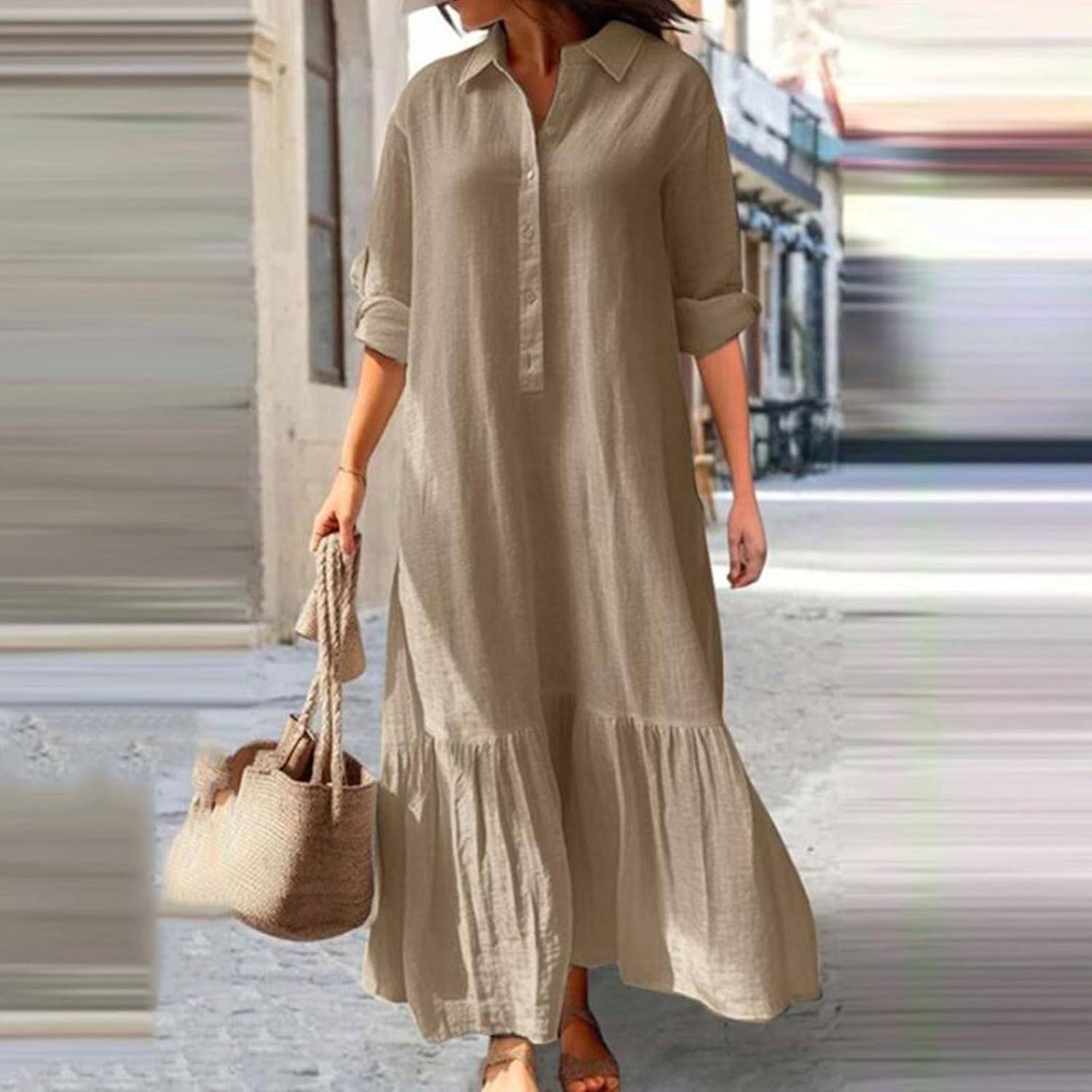 Élina Long Cotton and Linen Dress for Women – Loose Shirt Dress with Asymmetric Hem