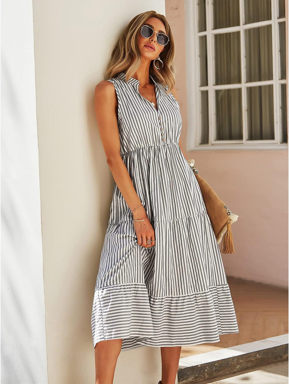 Claire Midi Shirt Dress for Women – Elegant Sleeveless Striped Dress with V-Neck and Buttons