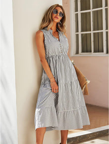Claire Midi Shirt Dress for Women – Elegant Sleeveless Striped Dress with V-Neck and Buttons