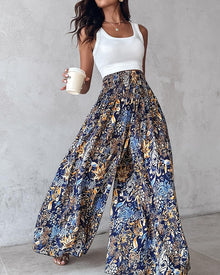 Purple Women's Pants – Floral Palazzo with Smocked Waist, Wide & Pockets Summer