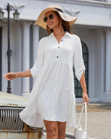 Léa Women's Shirt Dress – Summer Button-Down A-Line Dress with Ruffles and 3/4 Sleeves