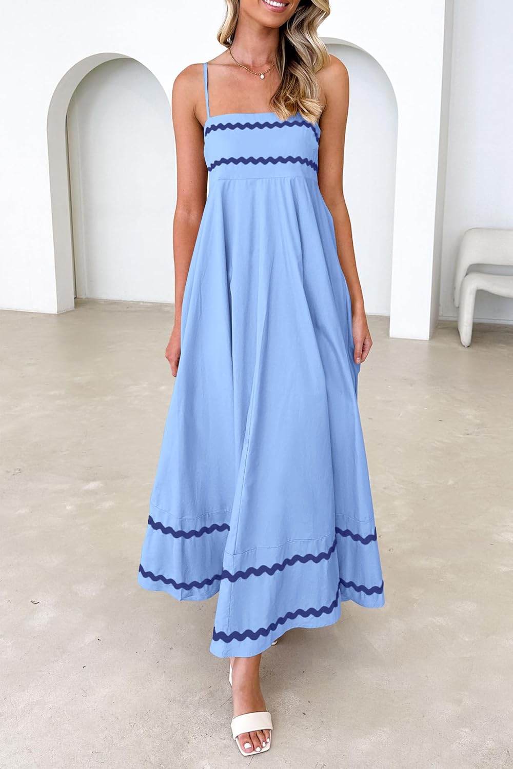 Luan Maxi Dress for Women Summer – Long Dress with Thin Straps, Square Neck, Ruffles & Flowing Cut