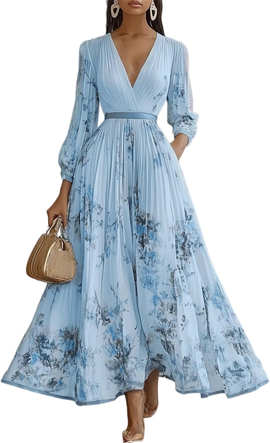 Amélie Women's Dress – Floral Maxi Dress V-Neck Belted Bohemian Elegant Wedding