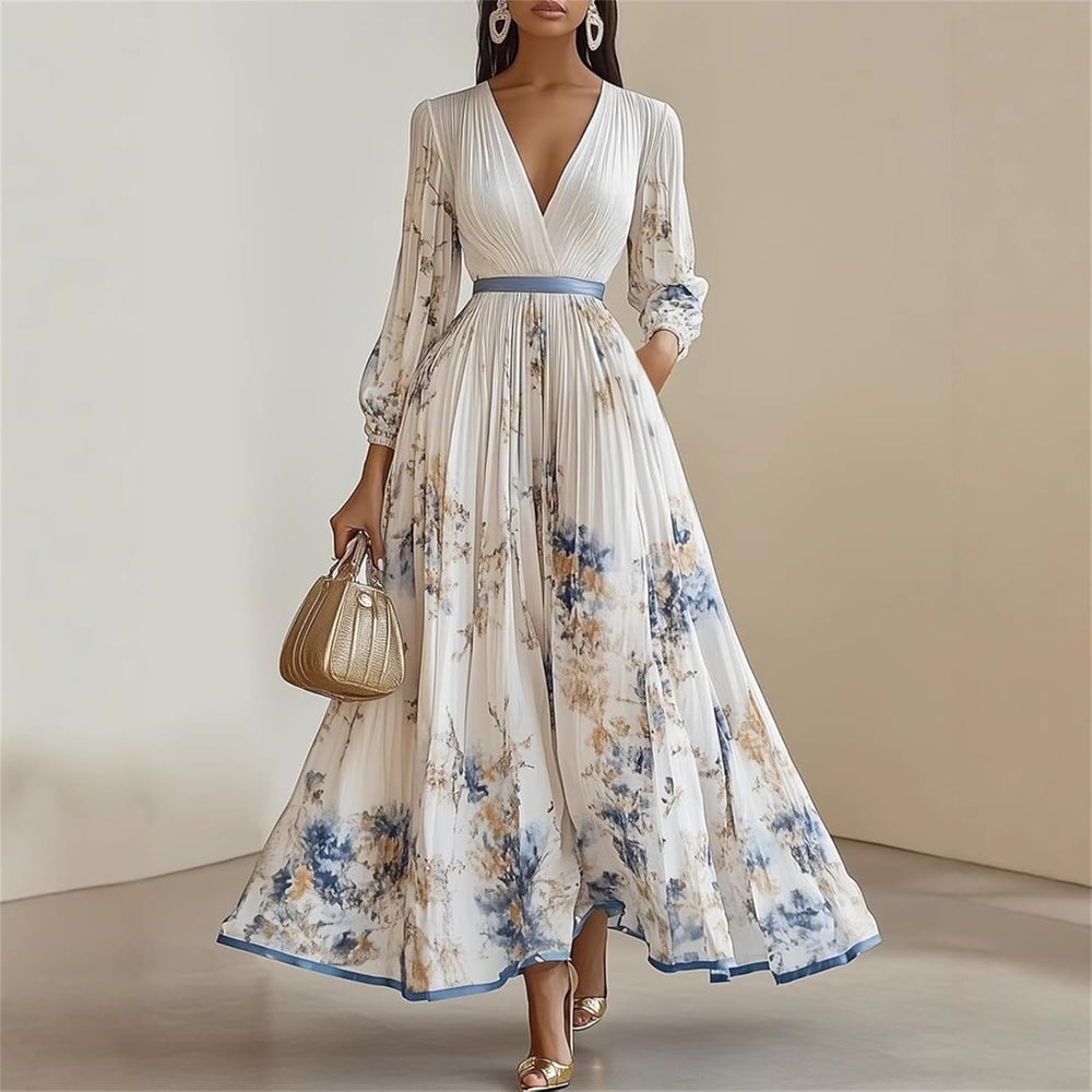 Amélie Women's Dress – Floral Maxi Dress V-Neck Belted Bohemian Elegant Wedding