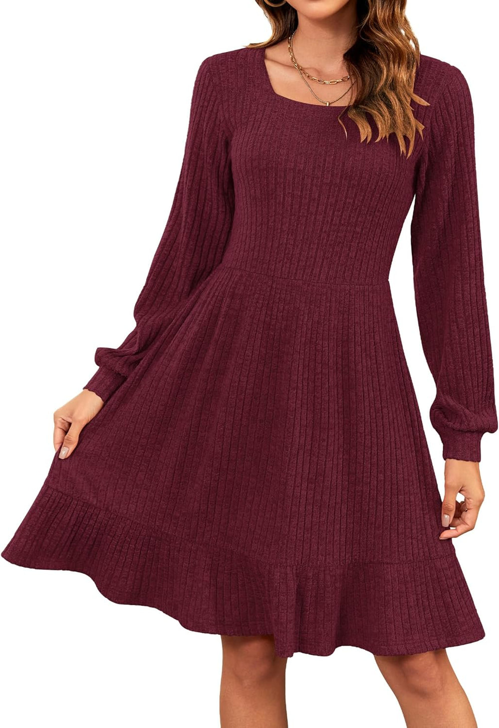 Élise Women's Knit Dress – Square Neck Long Sleeve Dress for Fall Winter